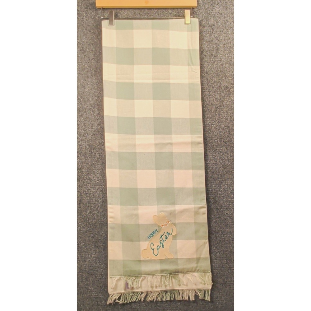 Kohl's Cotton Check Table Runner Green/White Embroidered Bunny Fringe 70x13"